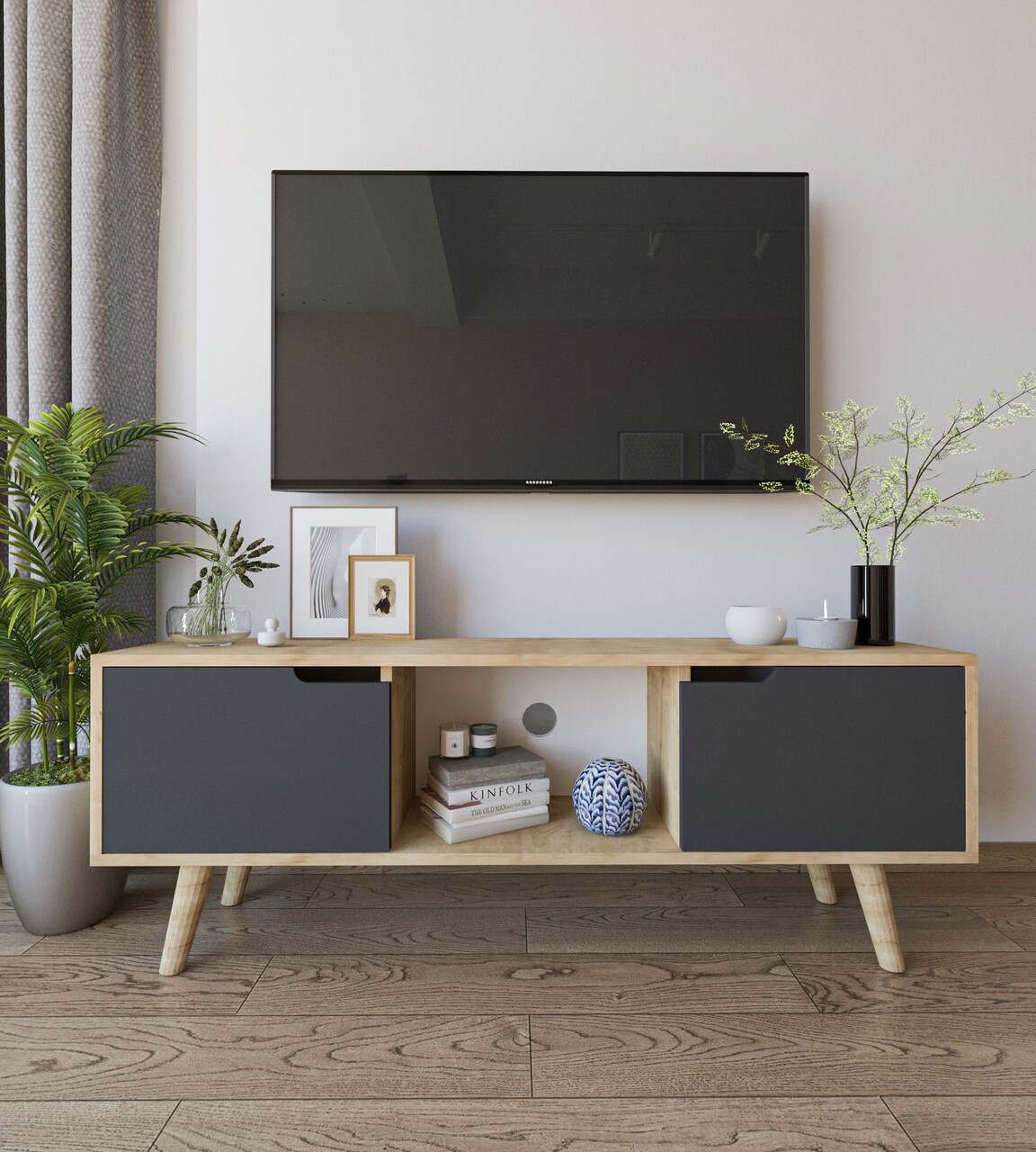 Comoda TV, Hanah Home, Siena, 139.7x53x53 cm, PAL, Stejar safir / Antracit - imagine 6